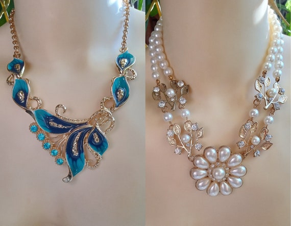 Glamorous Necklaces; Faux Pearls Flower & Enamele… - image 1