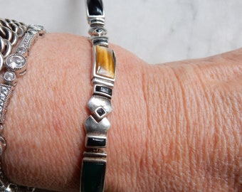 Multi Stone Panel Link Bracelet Sterling Silver 925 Vintage