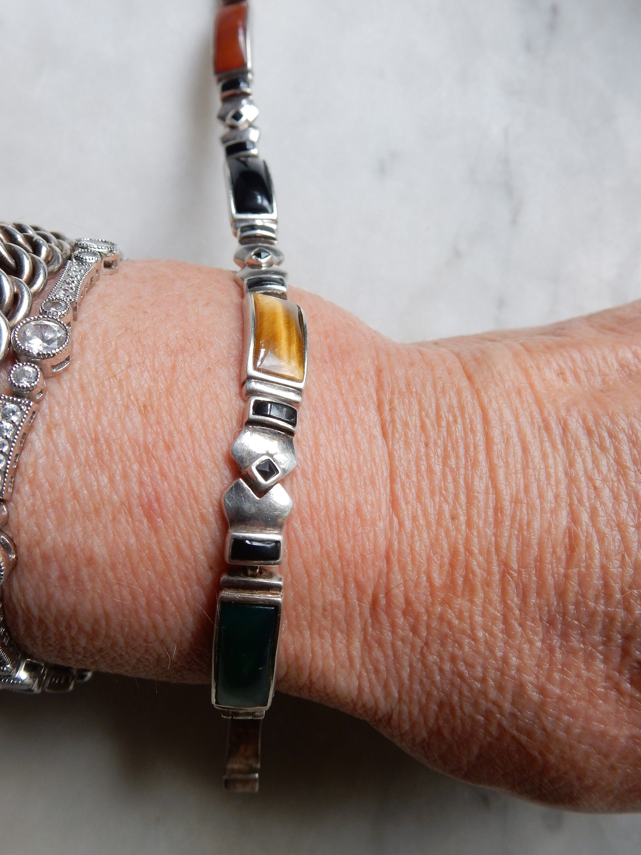 Multi Stone Panel Link Bracelet Sterling Silver 925 Vintage Multi Stone Panel Link Bracelet Sterling Silver 925 Vintage