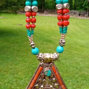 Southwestern Native Style Pendant Necklace Petit Point Simulated Coral and Turquoise, Silver Tone, Vintage Estate