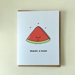 Un melon de remerciement, une carte de remerciement, une jolie carte de voeux pour un jeu de mots avec des fruits et des pastèques, un cadeau pour l'amitié, une carte drôle de petit chien, une carte de Saint-Valentin