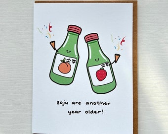 Tarjeta de cumpleaños de soju, tarjeta de felicitación con juego de palabras sobre comida, regalo de amor y amistad, tarjeta divertida con juego de palabras.