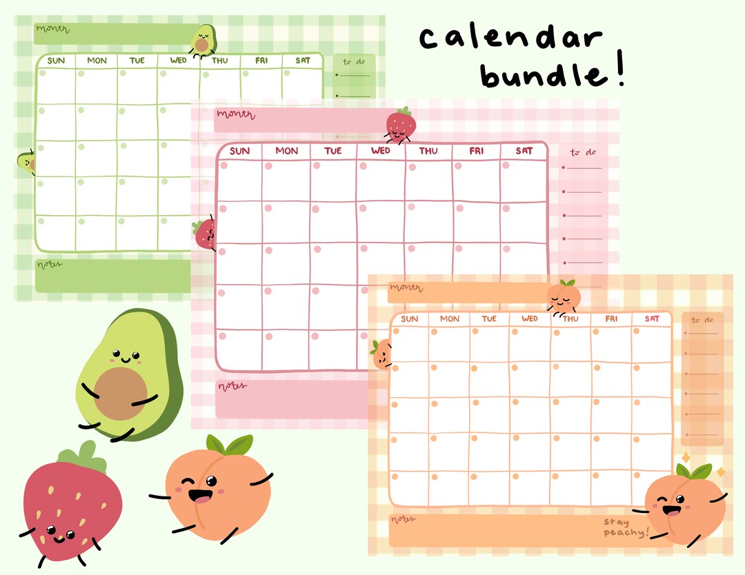 Cute Fruit Printable Calendar Bundle Digital Calendars Instant Download