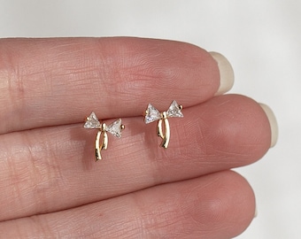 Gold Bow Earrings Delicate Crystal Earrings Cute Earrings Minimal Jewelry Silver Bow Studs • Perfect Gift for Mom • Jewelry Gifts for Women