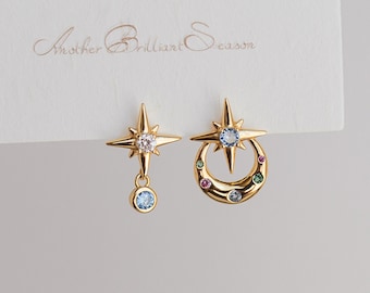 Star Mismatched Earrings Celestial Jewelry Gold Stud Earrings Colorful Gemstones Jewelry Starburst Earrings Birthday Gift for her