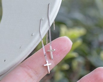 Mini Cross Threader Earrings, Silver Cross Chain Earring, Small Cross Hanging Earrings, Sterling Silver Earrings