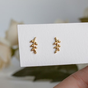 Small Tiny Leaf Studs Earrings Gold Silver Branch Ear Climbers Studs Dainty Olive Branch Stacking Earrings Minimalist Birthday Gift for Her image 6