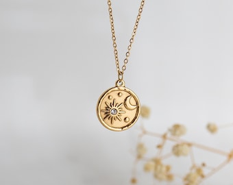 Moon Sun Gold Necklace, Dainty Round Circle Pendant Necklace, Waterproof Jewelry, Celestial Jewelry, Dainty Gold Minimalist Necklace