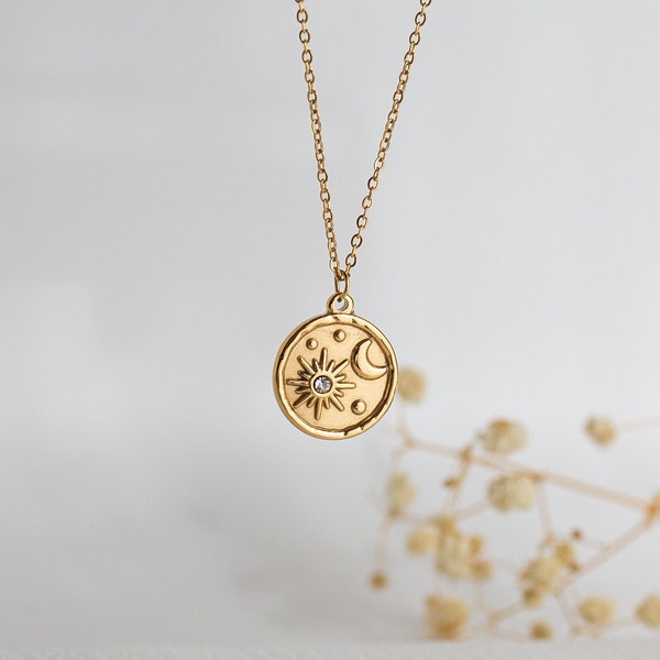 Moon Sun Gold Necklace, Dainty Round Circle Pendant Necklace, Waterproof Jewelry, Celestial Jewelry, Dainty Gold Minimalist Necklace