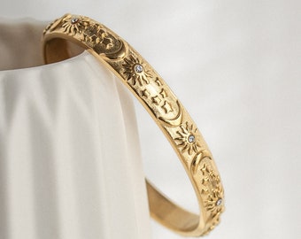 Braccialetti rigidi in oro 18 carati per donna, bracciale rigido strutturato con stelle lunari, gioielli impermeabili e senza ossidazione, regalo per la mamma, acciaio inossidabile