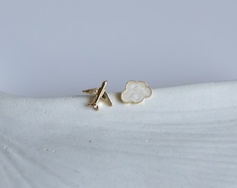 Cloud and Airplane Earrings, Mismatched Studs Asymmetrical Earrings, Cute Aesthetic Earrings, Minimalist Earrings, Korean Jewelry