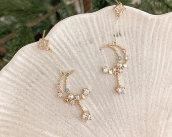 Moon and Star Earrings, Celestial Drop Earrings, Crescent Moon, Pearl Earrings, Korean Earrings