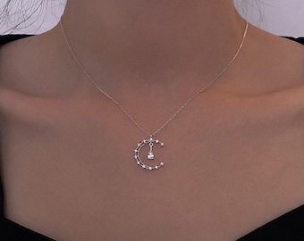 Women Simple Necklace Jewelry Long Pendant Gold Silver Moon Star Choker Chain JT