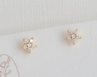 Small Flower Stud Earrings, 14K Gold Plated or Silver Plated CZ, Minimalist Earrings, Sparkling Elegant Earrings