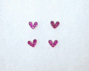 Hot Pink Heart Stud Earrings, Cubic Zirconia Stud Earrings, Charming and Minimalist Earrings