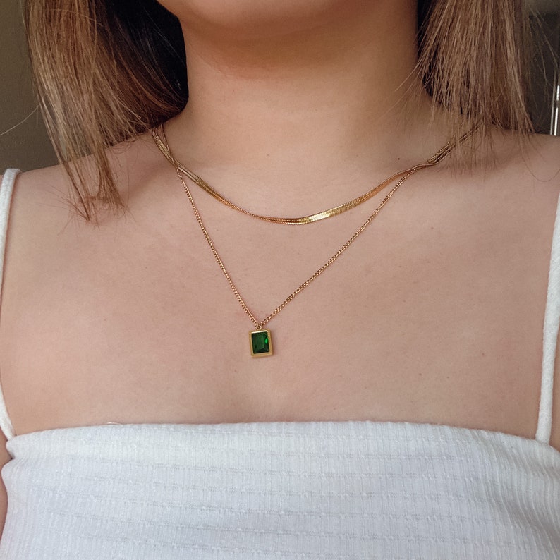 Doubled Layered Gold Necklace Snacke Layering Chain Emerald CZ Pendant Minimalist Jewelry Gift for Her Chic Fashion Necklace Birthday Gift image 2