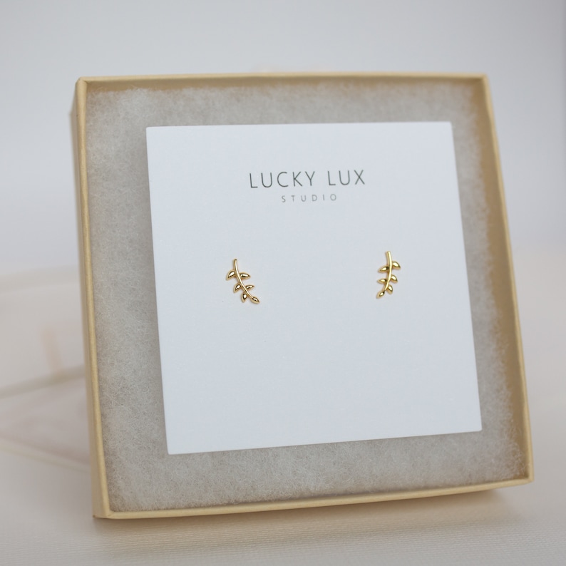 Small Tiny Leaf Studs Earrings Gold Silver Branch Ear Climbers Studs Dainty Olive Branch Stacking Earrings Minimalist Birthday Gift for Her image 8