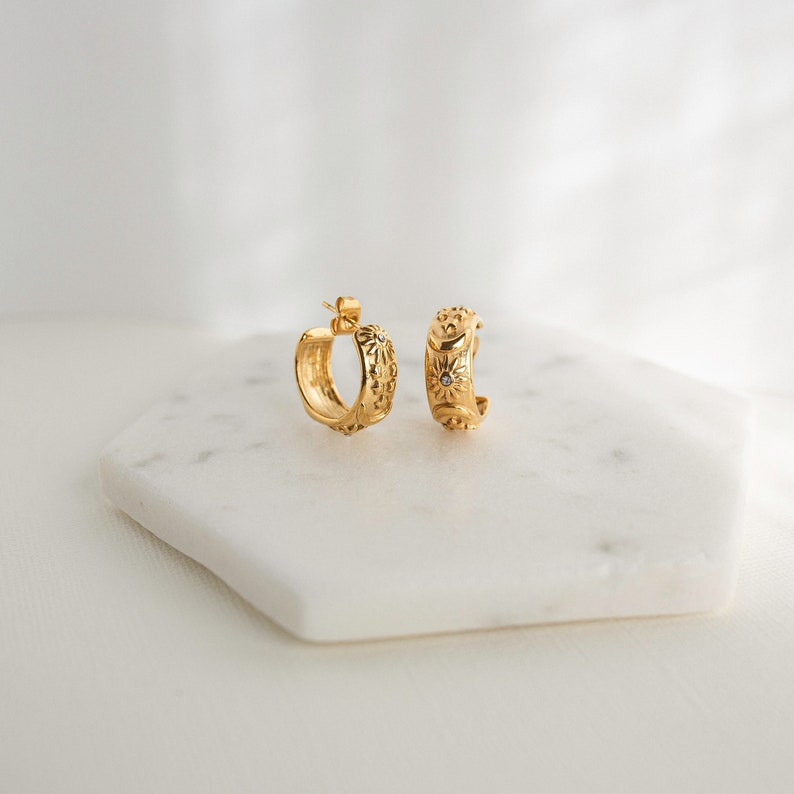 18K Gold Moon Star Hoop Earrings, Chunky Gold Huggies, Celestial Gold Earrings, Waterproof Earrings, Vintage Inspired Earrings, Boho Chic image 1