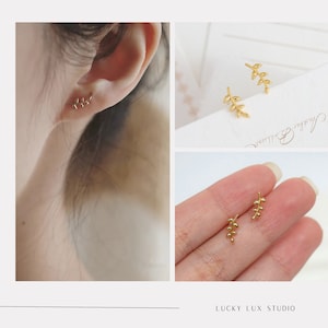 Small Tiny Leaf Studs Earrings Gold Silver Branch Ear Climbers Studs Dainty Olive Branch Stacking Earrings Minimalist Birthday Gift for Her image 3