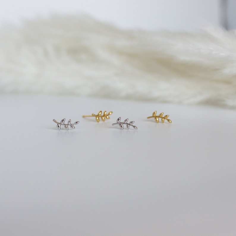 Small Tiny Leaf Studs Earrings Gold Silver Branch Ear Climbers Studs Dainty Olive Branch Stacking Earrings Minimalist Birthday Gift for Her image 4