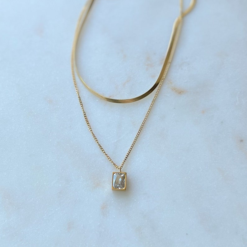 Doubled Layered Gold Necklace Snacke Layering Chain Emerald CZ Pendant Minimalist Jewelry Gift for Her Chic Fashion Necklace Birthday Gift image 4
