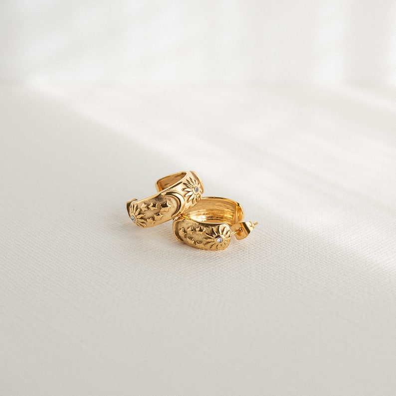 18K Gold Moon Star Hoop Earrings, Chunky Gold Huggies, Celestial Gold Earrings, Waterproof Earrings, Vintage Inspired Earrings, Boho Chic image 5