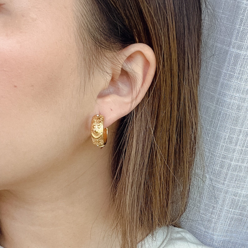 18K Gold Moon Star Hoop Earrings, Chunky Gold Huggies, Celestial Gold Earrings, Waterproof Earrings, Vintage Inspired Earrings, Boho Chic image 8