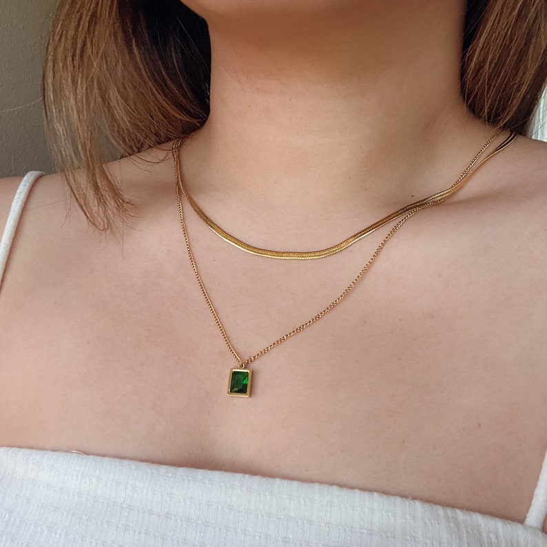 Doubled Layered Gold Necklace Snacke Layering Chain Emerald CZ Pendant Minimalist Jewelry Gift for Her Chic Fashion Necklace Birthday Gift image 1