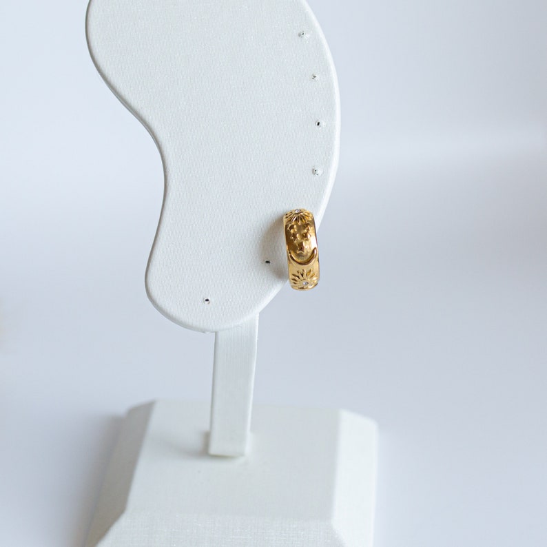 18K Gold Moon Star Hoop Earrings, Chunky Gold Huggies, Celestial Gold Earrings, Waterproof Earrings, Vintage Inspired Earrings, Boho Chic image 6