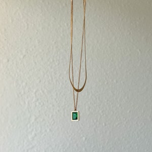 Doubled Layered Gold Necklace Snacke Layering Chain Emerald CZ Pendant Minimalist Jewelry Gift for Her Chic Fashion Necklace Birthday Gift image 6
