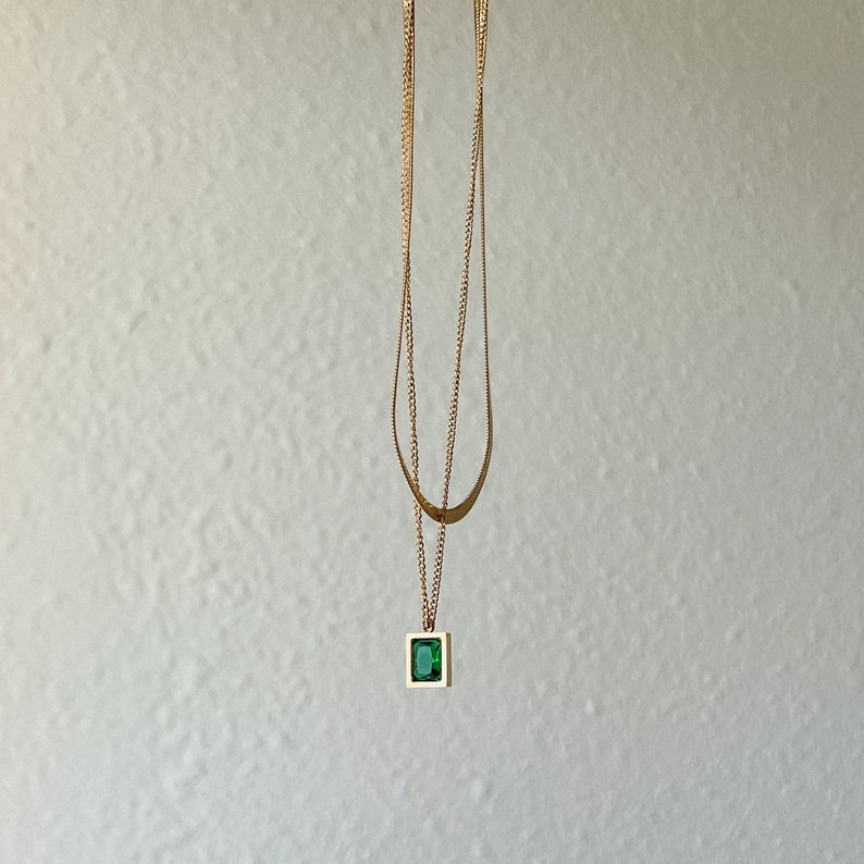 Doubled Layered Gold Necklace Snacke Layering Chain Emerald CZ Pendant Minimalist Jewelry Gift for Her Chic Fashion Necklace Birthday Gift image 6