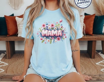 Camiseta Mamá Camiseta con estampado floral de flores silvestres y letras 3D en colores cómodos