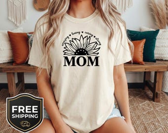 Camiseta de girasol para mamá, camiseta floral bohemia para mamá, camisetas para madres amorosas, cariñosas y fuertes.