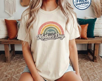 Camiseta Feliz Día de la Madre, Camiseta Retro Vintage Arcoíris Mamá, Regalo Boho de Colores Cómodos