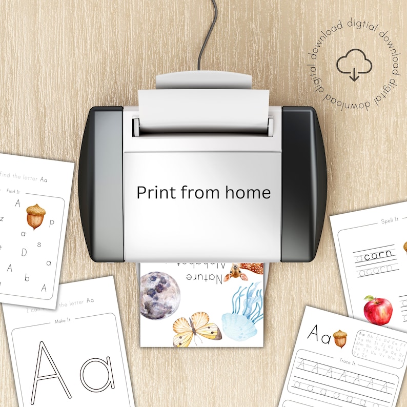 May include: Printable alphabet worksheets for kids featuring the letter 'A' with a nature theme. The worksheets include tracing, finding the letter, and making the letter activities. The image shows a printer with the worksheets in the tray.