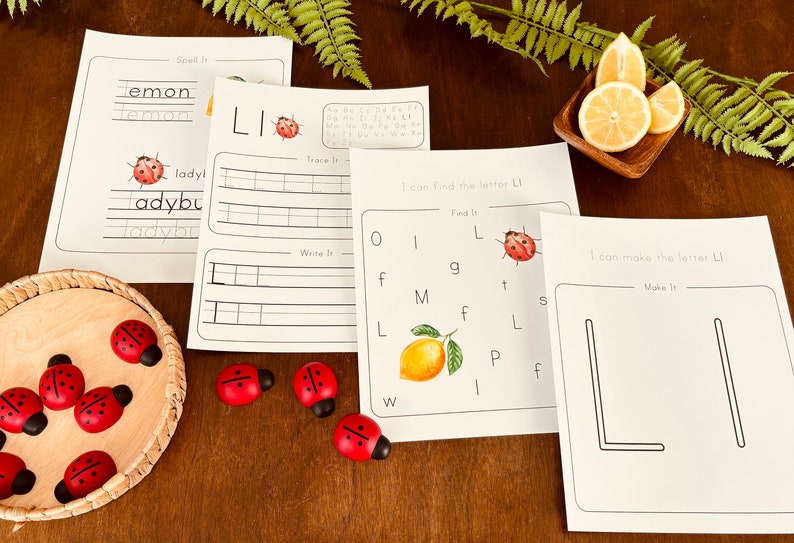 May include: A set of printable worksheets for learning the letter L. The worksheets feature a ladybug, a lemon, and the letter L in various activities, including tracing, writing, and finding the letter.