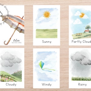 Flashcards météo | Étude météorologique à domicile | Cartes Flash imprimables Montessori | Flashcards météo aquarelle