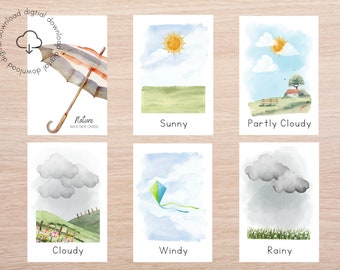 Weather Flashcards | Homeschool Weather Study | Printable Montessori Flash Cards | Watercolor Weather Flashcards