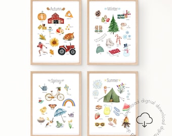 May include: Four printable posters featuring watercolor illustrations of objects associated with each season: Autumn, Winter, Spring, and Summer. Each poster includes the name of the season and a list of words describing the objects.