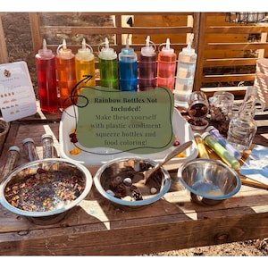 May include: A collection of eight clear plastic squeeze bottles filled with colorful liquids, a white rectangular tray, three stainless steel mixing bowls, and several glass jars on a wooden surface. Text on the image reads: Rainbow Bottles Not Included! Make these yourself with plastic condiment squeeze bottles and food coloring!