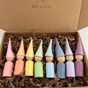 Peg Doll Gnomes with Matching Felt Hats | Wooden Peg Dolls | Montessori Toddler | Color Sorting | Waldorf Doll