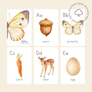 Tarjetas de alfabeto con temática de la naturaleza / Estudio de la naturaleza en la escuela en el hogar / Tarjetas flash Montessori imprimibles / Inspiradas en la naturaleza