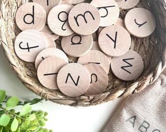 Wooden Alphabet coins | Montessori ABC | Wooden alphabet discs | lowercase letter Recognition