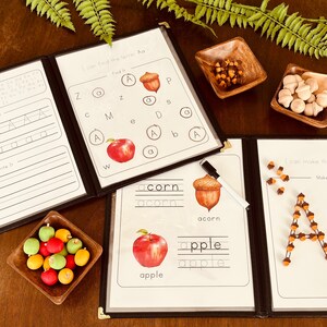 May include: A set of three printable worksheets for learning the letter "A" with a fall theme. The worksheets include tracing, writing, and making the letter "A" with acorns. The worksheets are accompanied by a set of acorns and apples for hands-on learning.