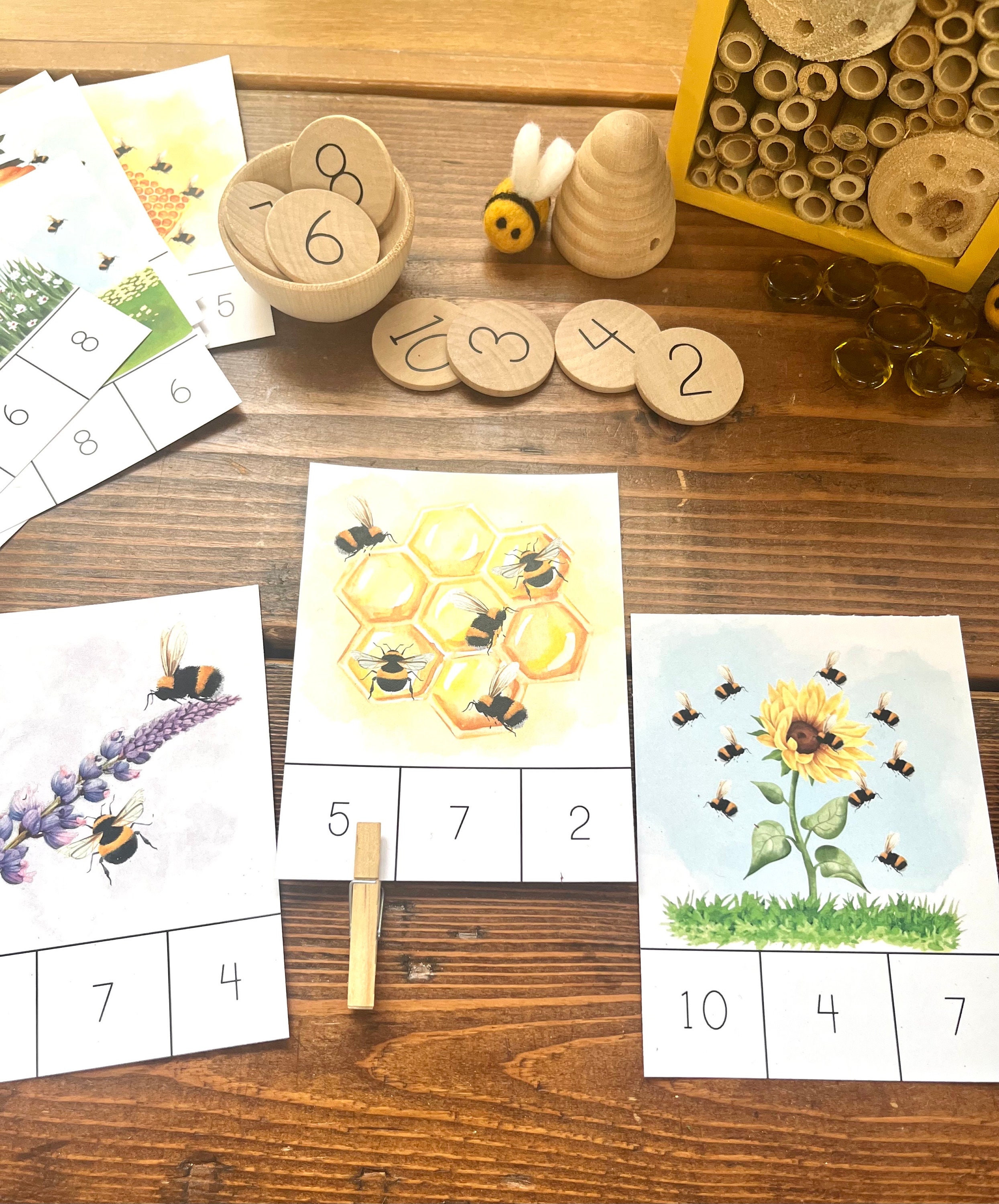 Bee Count and Clip Cards Numbers 1-10 | Montessori Toys | Nature Montessori Math Homeschool