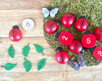 Counting Numbers Lady Bugs | Wooden Educational Toy | Montessori Waldorf Homeschool Material / Numbers 1-10 | Sorting Sensory Play