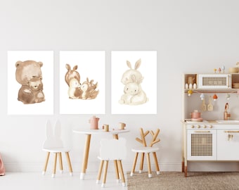 3er Set Leinwände, Poster, Bär, Bambi, Hase, Mutter und Kind  Tiere, Wandbilder