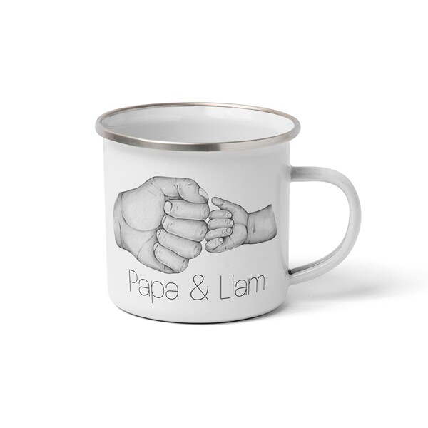 Emaille-Becher Papa und Kinder Faust  personalisiert Geschenk Vatertag