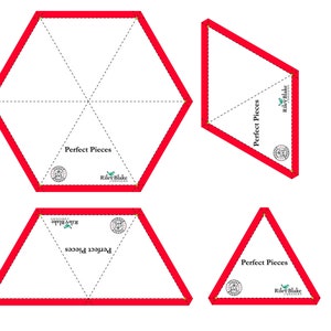 May include: Four red quilting templates with the text "Perfect Pieces" and the Riley Blake Designs logo. The templates are in the shapes of a hexagon, a diamond, a triangle, and a larger triangle.