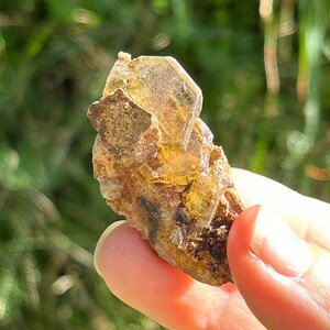 Op de afbeelding: Een kleine, heldere en bruine kristalkluster met een ruwe, natuurlijke textuur. De kristalkluster wordt vastgehouden door een hand.